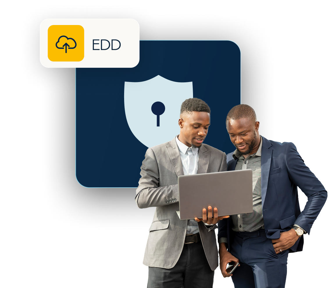 2 man looking at a laptop with a illustrated lock in the background