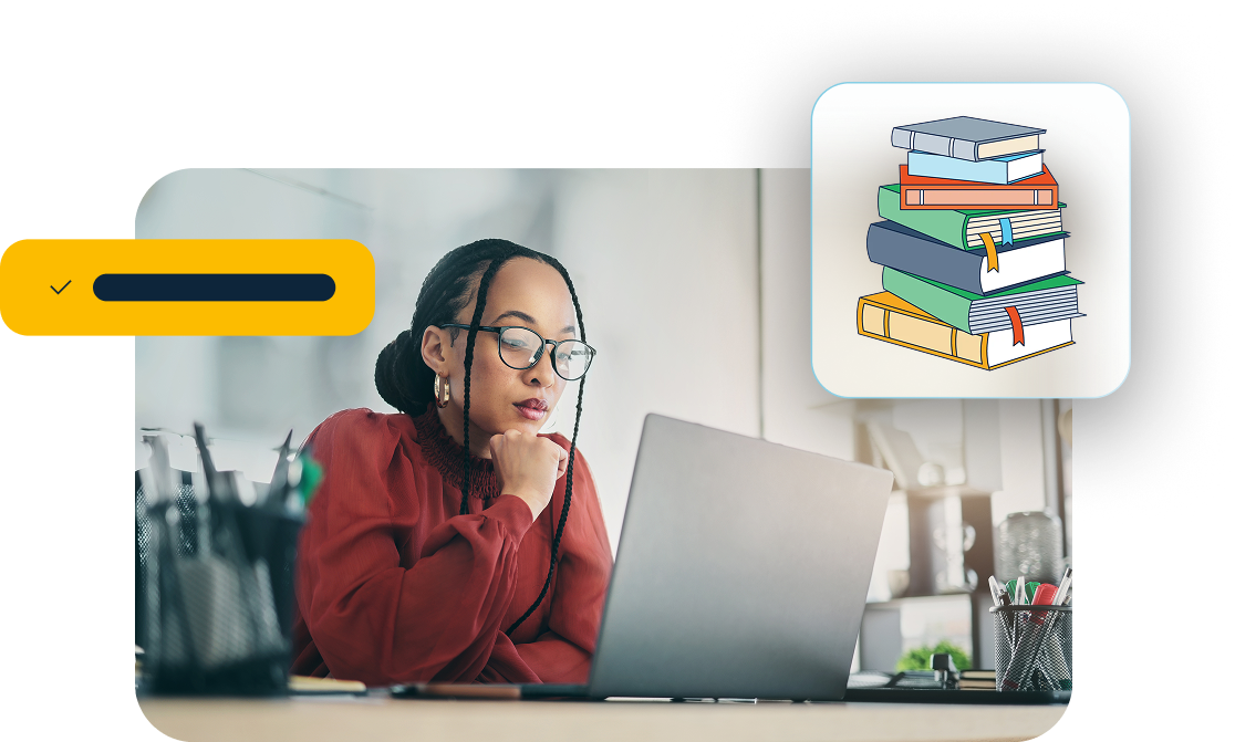 Young women looking at a laptop with stationary on her desk and an illustration of books in the foreground