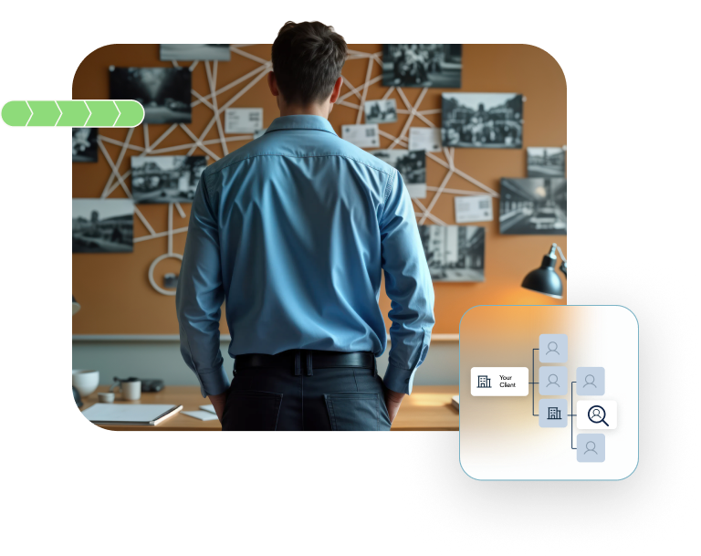 Business man looking at a investigation board with an illustration of UBO structure magnifying on a person icon