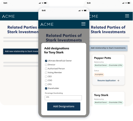Illustrated mobile phone screens of nCino KYC software with no background